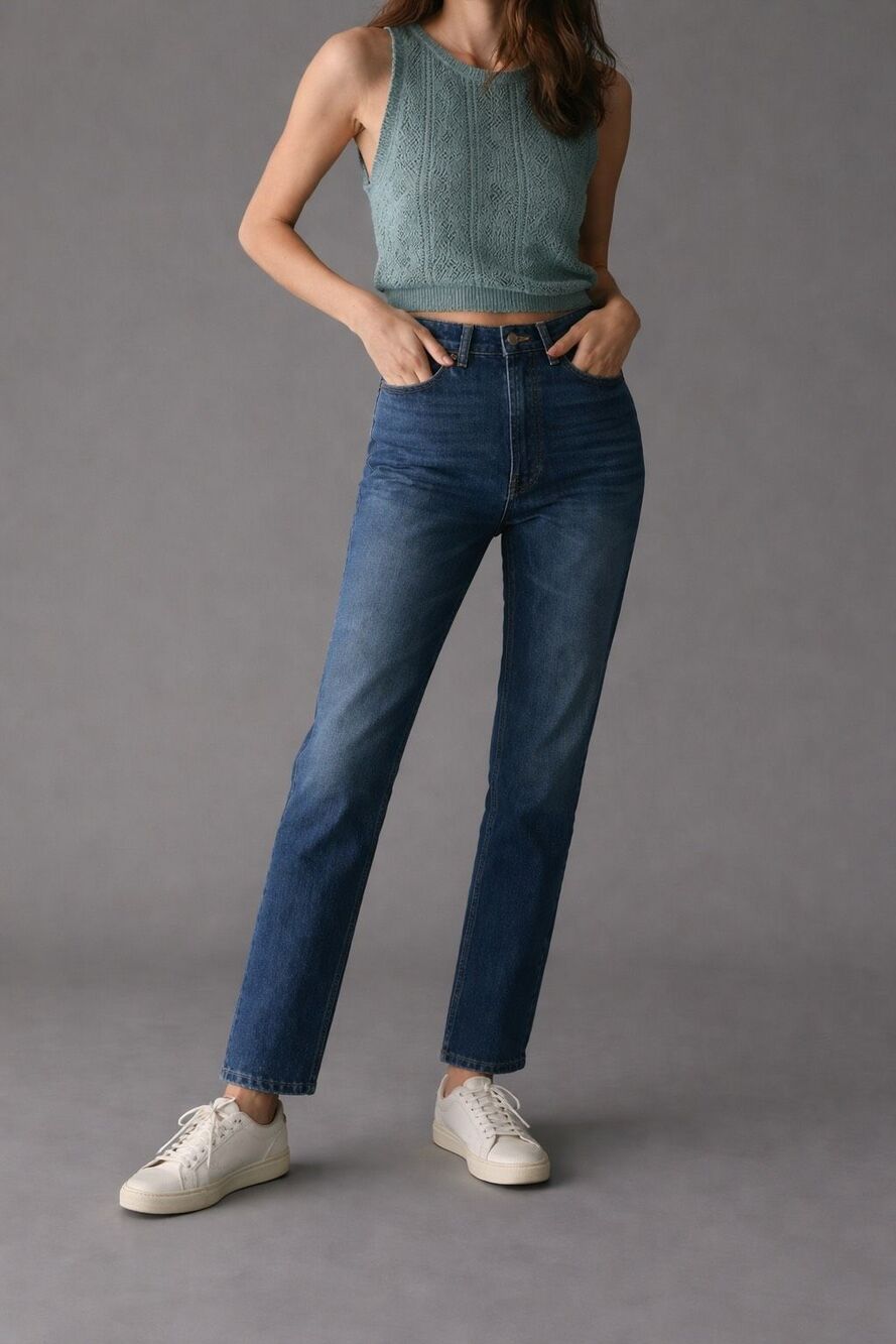 Dôen Womens Blue Denim Button Fly High-Rise Straight Jeans Medium Wash Size 24